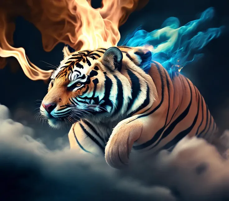 layered textures, Film grain, Swirling Beige, (deep blue theme:0.7) , Floating "I got the eye of the tiger, a fighter, dancing through the fire.", caustics, dreamy