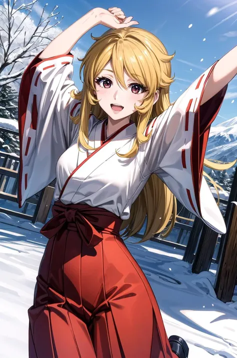 (masterpiece, best quality, detailed), 1girl, solo, looking at viewer, MoriYuki, blonde hair, long hair, brown eyes,
miko, japanese clothes, red hakama, wide sleeves, white kimono, ribbon trim, hakama skirt, outdoors, winter, mountain, snow, bare tree, scenery, jumping, outstretched arms, arms up, midair, smile, open mouth, happy