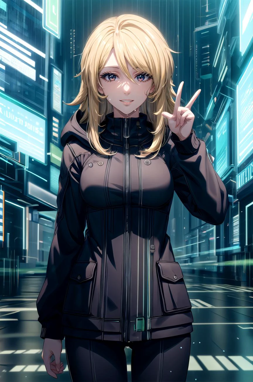 (masterpiece, best quality, detailed), 1girl, solo, looking at viewer, black hoodie, <lora:SpaceBattleshipYamato2199_MoriYuki:0.8>, MoriYuki, blonde hair, long hair, brown eyes, <lora:HackedTech-20:1.1>, hackedtech, hoodie, leather, data stream, green hues, outdoors, cyberpunk, city, night, city lights, neon lights, skyscraper, car, rain, science fiction, peace sign, smile, parted lips, hand up, cowboy shot