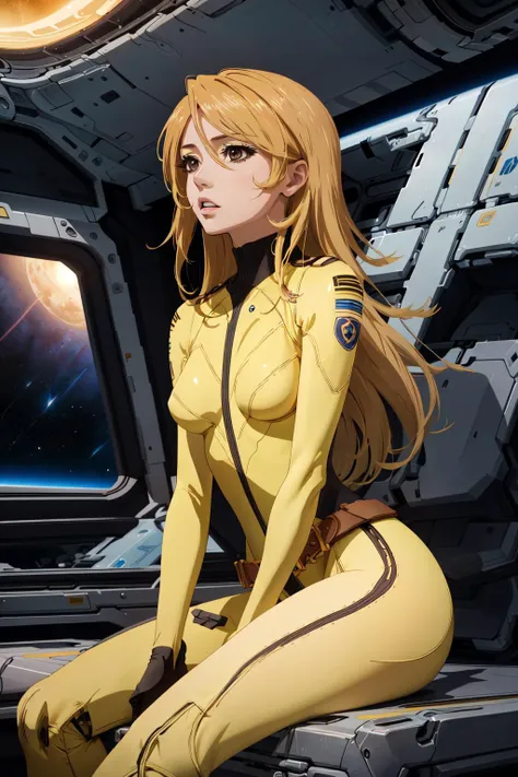 anime, 2d, 1girl, solo,  <lora:SpaceBattleshipYamato2199_MoriYuki:0.8> MoriYuki, blonde hair, long hair, brown eyes, MoriBodysuit, yellow bodysuit, belt, surprised, looking away, spacecraft, sitting, masterpiece, best quality