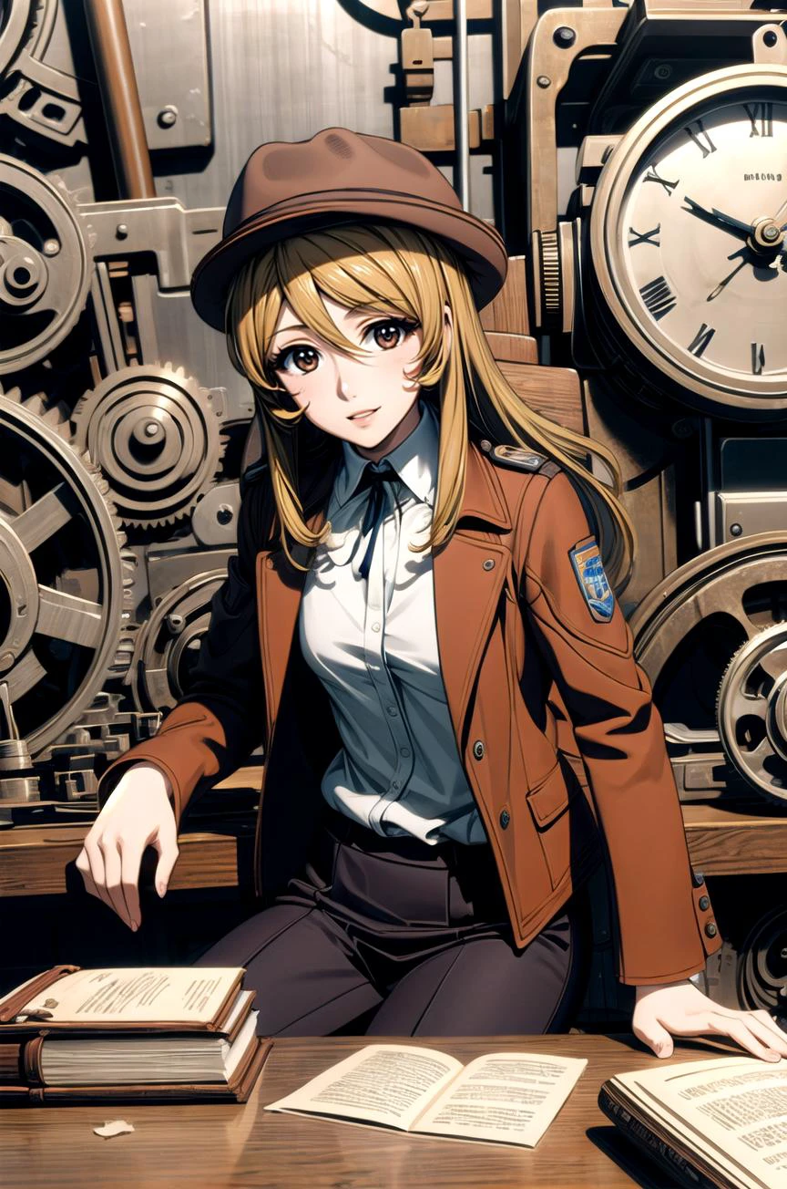 (masterpiece, best quality, detailed), 1girl, solo, looking at viewer, MoriYuki, blonde hair, long hair, brown eyes,
fedora, brown headwear, cowboy hat, brown jacket, leather jacket, indiana jones, white shirt, satchel, <lora:gearEntangle:0.5>, gear, machine, indoors, clock, chair, table, book stack, pov across table, elbows on table, elbow rest, smile, parted lips