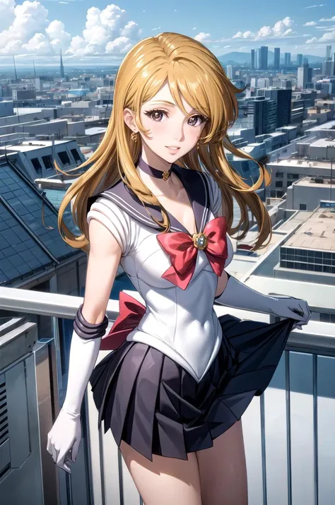 (masterpiece, best quality, detailed), 1girl, solo, looking at viewer, MoriYuki, blonde hair, long hair, brown eyes,
<lora:Sailor Moon Outfit:0.9>, sailor moon outfit, outdoors, rooftop, day, cityscape, blue sky, cloud, scenery, railing, skirt lift, smile, parted lips, blush