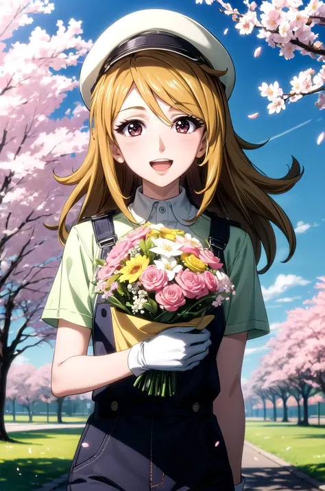 (masterpiece, best quality, detailed), 1girl, solo, looking at viewer, MoriYuki, blonde hair, long hair, brown eyes,
overalls, short sleeves, white gloves, cabbie hat, green shirt, cherry blossoms, petals, outdoors, tree, sky, wind, holding bouquet, bouquet, flower, smile, open mouth