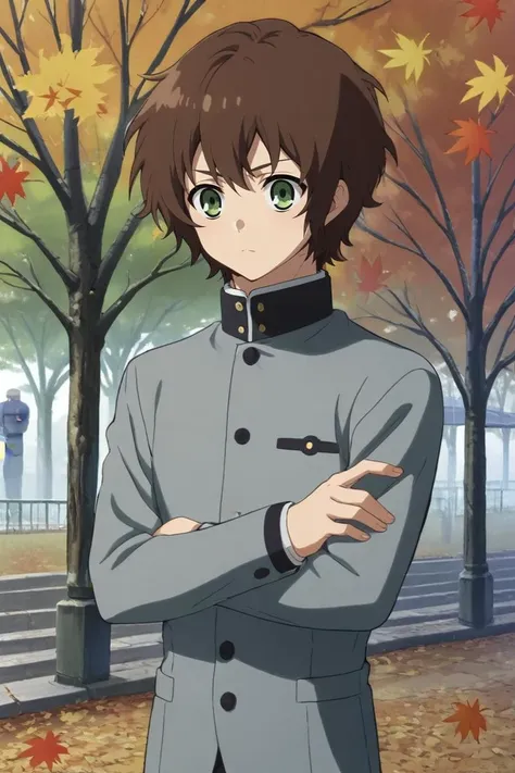 score_9, score_8_up, score_7_up, source_anime, rating_safe, intricate details, , , depth of field, 1boy, solo, male focus, <lora:yoichi_saotome_pony:0.9>, yoichi_saotome, brown hair, green eyes, short hair, , cowboy shot, trees, autumn, leaves, indoors, light, crossed arms, relaxed, businessman costume, <lora:sdxl_lightning_8step_lora:1>