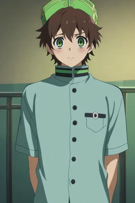 score_9, score_8_up, score_7_up, source_anime, rating_safe, , anime screencap, anime coloring, , looking at viewer, , 1boy, solo, male focus, <lora:yoichi_saotome_pony:0.74>, yoichi_saotome, brown hair, green eyes, short hair, hat, cowboy shot, hospital, dusk, arms behind back, shy, blush, , <lora:sdxl_lightning_8step_lora:1>