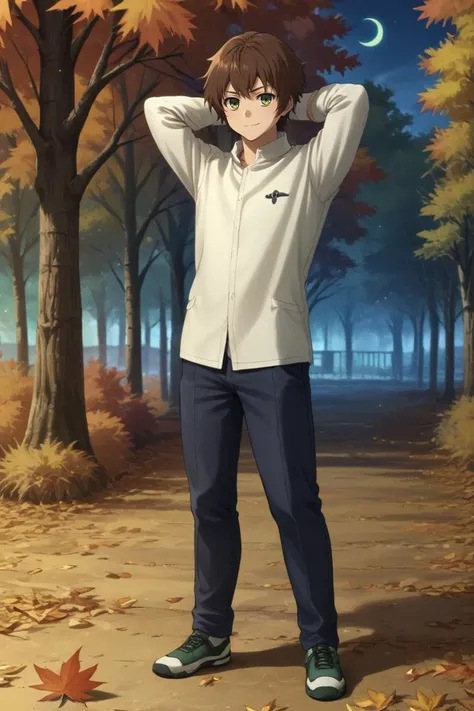 score_9, score_8_up, score_7_up, source_anime, rating_safe, , (photorealistic:0.6), looking at viewer, depth of field, 1boy, solo, male focus, <lora:yoichi_saotome_pony:0.84>, yoichi_saotome, brown hair, green eyes, short hair, , straight-on, full body, trees, autumn, leaves, night, crescent moon, arms behind head, smirk, , <lora:sdxl_lightning_8step_lora:1>