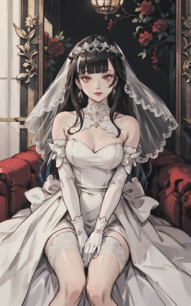 1girl, bangs, black hair, blunt bangs, closed mouth, earrings, eyelashes, eyeshadow, facial mark, hair ornament, white headdress, jewelry, lips, long hair,
wedding dress, long dress, lace sleeves, bridal veil, veil, white gloves,
sharp focus, looking at viewer, makeup, multicolored hair, portrait, red eyes, red lips, solo, tassel, (shiny skin),
luxury, royal palace, sunshine,
(masterpiece:1.4),(best quality:1.4),realistic,fashi-girl
