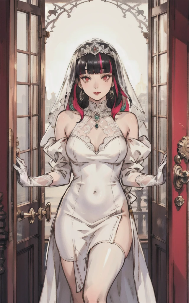 1girl, bangs, black hair, blunt bangs, closed mouth, earrings, eyelashes, eyeshadow, facial mark, hair ornament, white headdress, jewelry, lips, long hair,
wedding dress, long dress, lace sleeves, bridal veil, veil, white gloves,
sharp focus, looking at viewer, makeup, multicolored hair, portrait, red eyes, red lips, solo, tassel, (shiny skin),
luxury, royal palace, sunshine,
(masterpiece:1.4),(best quality:1.4),realistic,fashi-girl