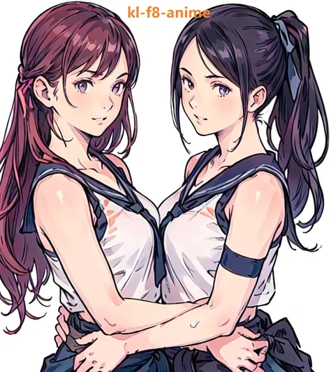 (2girls:1.5), sfw, official art, (masterpiece), best quality, 8k resolution, (photorealistic:1.3), (from front:1.2), (2 beautiful age girls from volleyball Club), (standing on same level, side by side, facing left, arms at sides:1.3),  (short black ponytail, hair tie),  (brown side ponytail), shiny eyes, (slanting grin), medium breasts, (upper body, cropped under waist:1.4), (highly detailed face:1.1), (Vivid facial expressions:1.1), (extremely detailed body), (perfect fit body), (extremely vivid body fluids), (natural body proportion), (close up, face focus:1.3), (classroom), (sports wear)