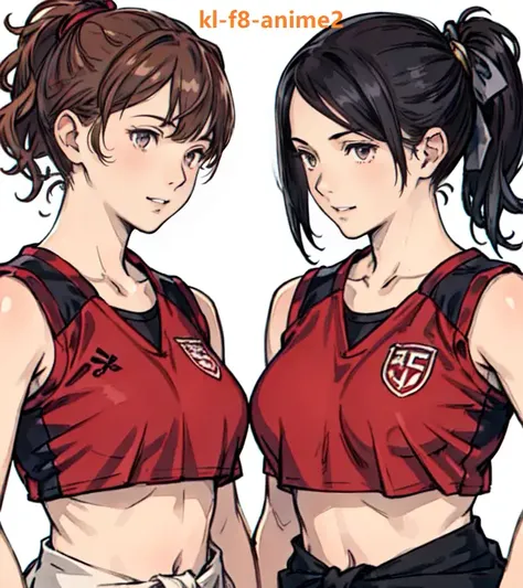 (2girls:1.5), sfw, official art, (masterpiece), best quality, 8k resolution, (photorealistic:1.3), (from front:1.2), (2 beautiful age girls from volleyball Club), (standing on same level, side by side, facing left, arms at sides:1.3),  (short black ponytail, hair tie),  (brown side ponytail), shiny eyes, (slanting grin), medium breasts, (upper body, cropped under waist:1.4), (highly detailed face:1.1), (Vivid facial expressions:1.1), (extremely detailed body), (perfect fit body), (extremely vivid body fluids), (natural body proportion), (close up, face focus:1.3), (classroom), (sports wear)