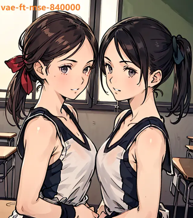 (2girls:1.5), sfw, official art, (masterpiece), best quality, 8k resolution, (photorealistic:1.3), (from front:1.2), (2 beautiful teenage girls from volleyball Club), (standing on same level, side by side, facing left, arms at sides:1.3),  (short black ponytail, hair tie),  (brown side ponytail), shiny eyes, (slanting grin), medium breasts, (upper body, cropped under waist:1.4), (highly detailed face:1.1), (Vivid facial expressions:1.1), (extremely detailed body), (perfect fit body), (extremely vivid body fluids), (natural body proportion), (close up, face focus:1.3), (classroom), (sports wear)