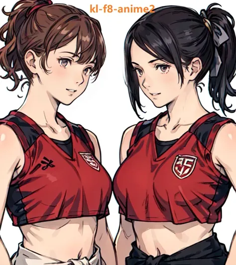 (2girls:1.5), sfw, official art, (masterpiece), best quality, 8k resolution, (photorealistic:1.3), (from front:1.2), (2 beautiful teenage girls from volleyball Club), (standing on same level, side by side, facing left, arms at sides:1.3),  (short black ponytail, hair tie),  (brown side ponytail), shiny eyes, (slanting grin), medium breasts, (upper body, cropped under waist:1.4), (highly detailed face:1.1), (Vivid facial expressions:1.1), (extremely detailed body), (perfect fit body), (extremely vivid body fluids), (natural body proportion), (close up, face focus:1.3), (classroom), (sports wear)