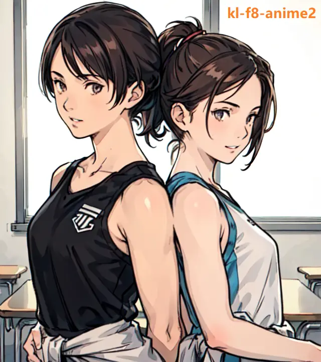 (2girls:1.5), sfw, official art, (masterpiece), best quality, 8k resolution, (photorealistic:1.3), (from front:1.2), (2 beautiful age girls from volleyball Club), (standing on same level, side by side, facing left, arms at sides:1.3), (short black ponytail, hair tie), (brown side ponytail), shiny eyes, (slanting grin), medium breasts, (upper body, cropped under waist:1.4), (highly detailed face:1.1), (Vivid facial expressions:1.1), (extremely detailed body), (perfect fit body), (extremely vivid body fluids), (natural body proportion), (close up, face focus:1.3), (classroom), (sports wear)