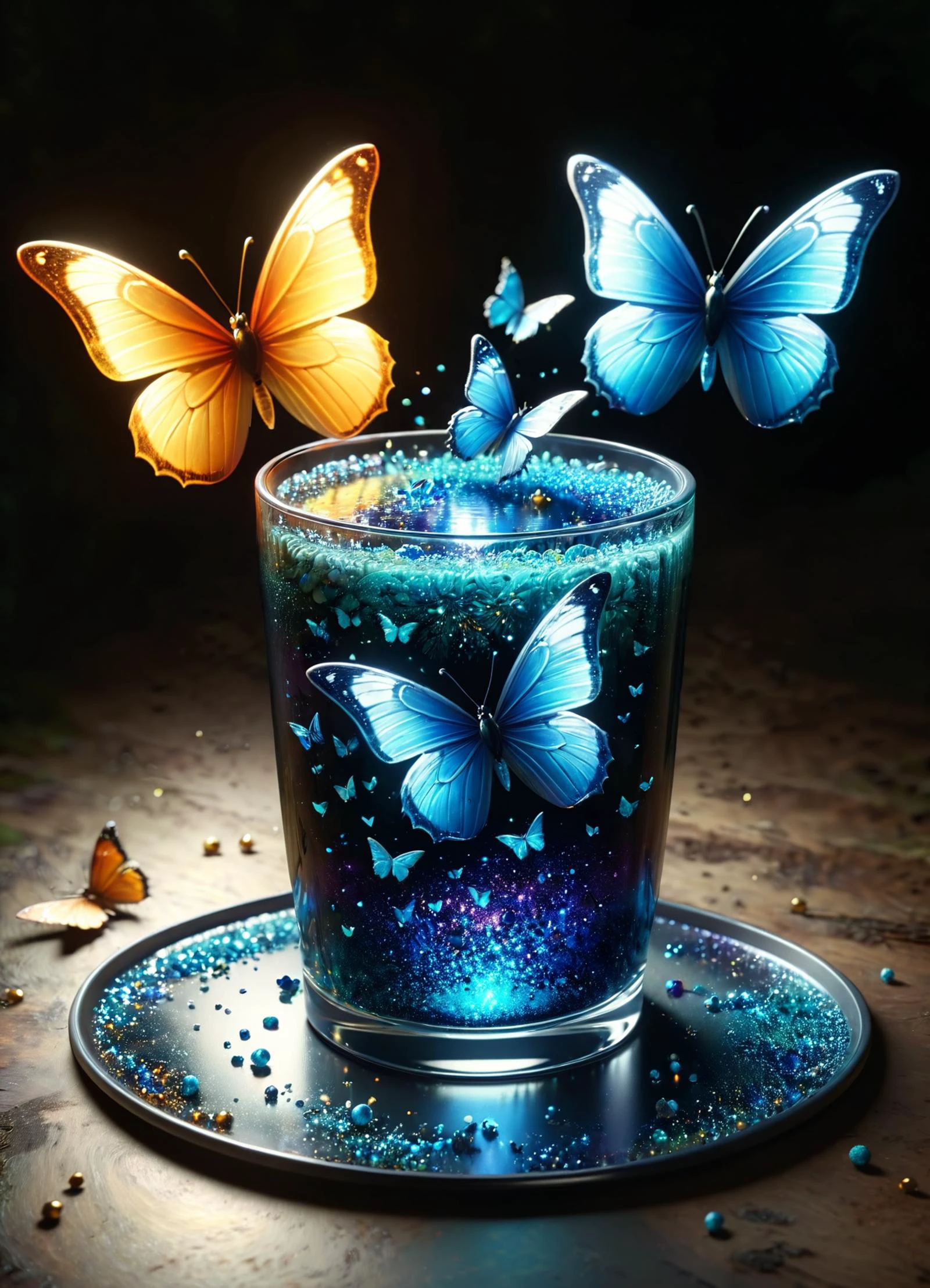 cup turns into butterflies, mixing, mysticism, glitter, glow, gothic <lora:ral-clrflspr:0.6> ral-clrflspr <lora:ral-prtclwvz:0.38> ral-prtclwvz <lora:sss:0.8> <lora:ral-ntrllscp:0.8> ral-ntrllscp, forest background, subsurface scattering, Photorealistic, Hyperrealistic, analog style, realistic, film photography, soft lighting, heavy shadow