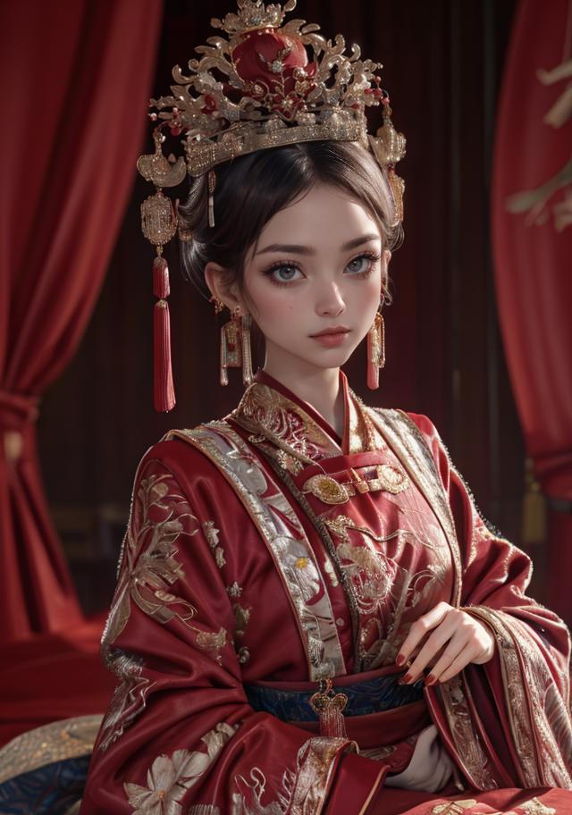 A woman in a red dress and a crown sitting on a bed - SeaArt AI