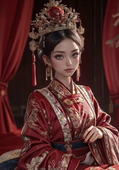 (masterpiece, best_quality, ultra-detailed), 8K, photography a woman in a red and gold dress, Phoenix crown, hair stick, (smiling:0.6), upper body, detailed skin, perfect eyes, chinese_clothes, curtains, earrings, hair_ornament, hanfu, indoors, jewelry, red nails, long_sleeves, red dress, tassel, (Red quilt), intricate details, sub surface scatter, skindentation, absurdes, cinematic lighting, <lora:å¤å éå¸2.0:0.6> fgxp, tiara, solo, hat