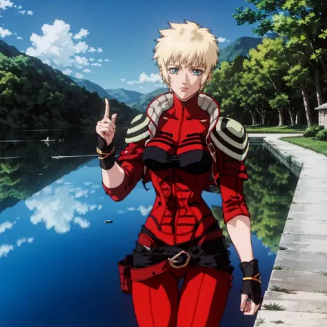 <lora:Layla001:0.7>,
Layla,1woman,
short hair,
bodysuit,jacket,shoulder armor,
belt,
fingerless gloves,
nature,sunshine,lake,