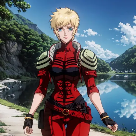 <lora:Layla001:0.7>,looking at viewer,smile,
Layla,1woman,
short hair,
bodysuit,jacket,shoulder armor,
belt,
fingerless gloves,
nature,sunshine,lake,