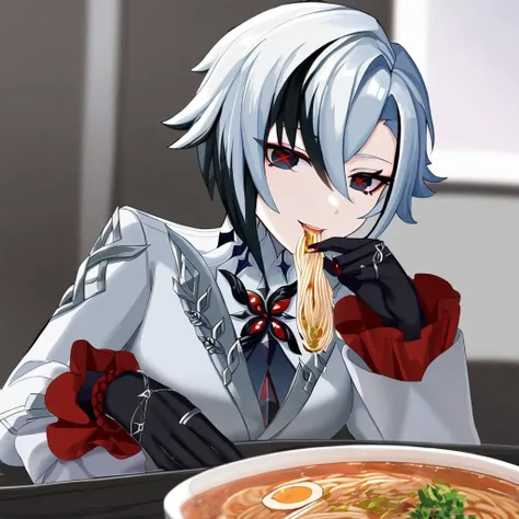 eating ramen, best quality, masterpiece, <lora:arlecchino_xl:1>, parted_lips, x-shaped_pupils, looking_at_viewer, cowboy_shot, red_pupils, white_coat, highres, smile, black_hands, frilled_sleeves, multiple_rings, solo, red_nails, 1girl, arlecchino_\(genshin_impact\), long_sleeves