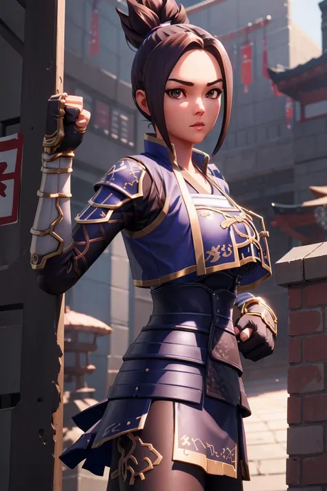 <lora:VRAMsHimeX08:0.55>, xyzhime, 1girl, beautiful, closeup, brown hair, Japanese armor, 3d render, blue, masterpiece, cycles render style, ambient occlusion, volumetric lighting, absurdres, front view, dramatic, instagram pose, action, clenched fist, from below, punch