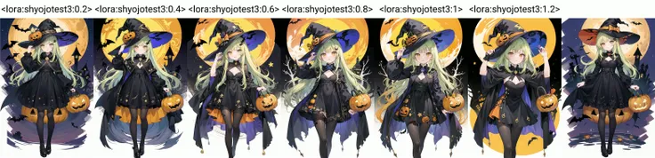 (pixiv masterpiece),best quality,1girl,cute,kawaii,small breasts,green hair,orange eyes,clover hair ornament,long hair,disheveled hair,messy hair,halloween costume,witch hat,star print,full moon,misty forest,dress,black pantyhose,wide shot,bat,jack-o'-lantern,horror \(theme\),kiyakyuu,yellow theme,<lora:shyojotest3:0.2>,