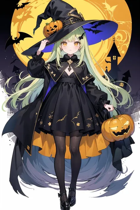 (pixiv masterpiece),best quality,1girl,cute,kawaii,small breasts,green hair,orange eyes,clover hair ornament,long hair,disheveled hair,messy hair,halloween costume,witch hat,star print,full moon,misty forest,dress,black pantyhose,wide shot,bat,jack-o'-lantern,horror \(theme\),kiyakyuu,yellow theme,<lora:shyojotest3:0.4>,