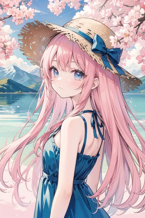 {masterpiece},{best quality},{{illustration}},
(watercolor:1.2),
cute 1girl,straw hat,flowers,
pink hair,blue eyes,very long hair,aqua eyes,flat chest,
closed mouth,faint smile,
(blue dress:1.3),bare shoulders,bow,
upper body,from side,
BREAK
(depth of field:1.4),bare tree,spring,(cherry_blossoms1.4),branch,bare stones,mountains in the distance,lake,cloud,
zentangle background,scenery,pink and blue sky,spring light,<lora:shyojotest3:0.6>,
