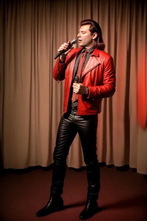 analog style, modelshoot style, photo of sks man with red leather jacket singing with microphone in the hand by Flora Borsi, ((full body)) , style by Flora Borsi, bold, bright colours, dark hair, ((Flora Borsi)) <lora:fab14n:1>