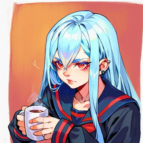 score_9, score_8_up, score_7_up, source_anime, fantasy, BREAK  woman, black serafuku, piercing, holding coffee mug, light blue hair, very long hair, traditional media, track <lora:marc_locon-000014:1>