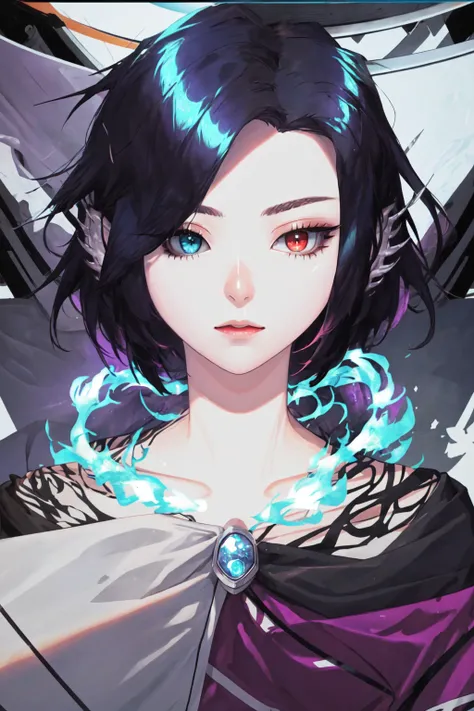 Owarino Last, 1girl, blue eyes, blue fire, closed mouth, collarbone, eyes visible through hair, fire, heterochromia, portrait, purple hair, red eyes, short hair, solo, <lora:Owarino_Last:0.8>