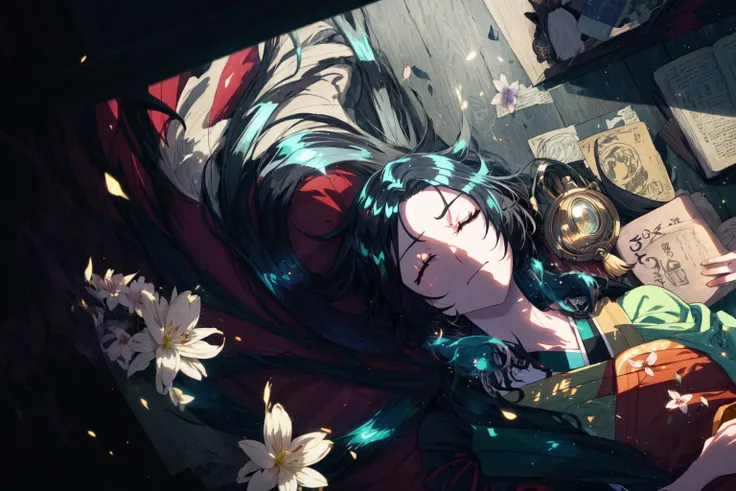 Owarino Last, 1boy, black hair, book, closed eyes, closed mouth, flower, japanese clothes, kimono, long hair, male focus, solo, very long hair, <lora:Owarino_Last:0.8> Best_QualityPos Earth-QualityPos