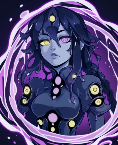 score_9_up, score_8_up, score_7_up, dynamic pose, upper body, 1girl, <lora:MGE_Shoggoth-Pony:.7>, sh0ggoth, shoggoth, long hair, black hair, braid, sidelocks, slime hair, slime \(substance\), yellow eyes, heterochromia, purple eyes, colored sclera, spiral eyes, , glowing eyes, too many eyes, colored skin, , glowing portal
, source_anime, anime style