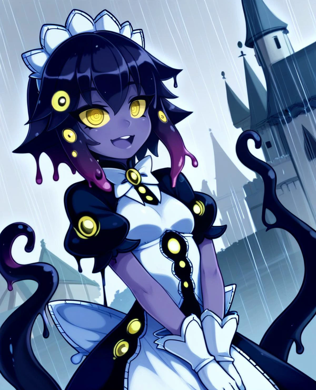 score_9_up, score_7_up, dynamic pose, portrait, headshot, dutch_angle, 1girl, <lora:MGE_Shoggoth-Pony:.5>, sh0ggoth, shoggoth\(monster girl encyclopedia\), medium hair, black hair, sidelocks, slime hair, slime \(substance\), yellow eyes, colored sclera, spiral eyes, extra eyes, too many eyes, colored skin, dark purple skin, (tentacles), small breasts, smiling, open mouth, maid, maid dress, puffy short sleeves, maid headdress, maid apron, white gloves, v arms
, outdoors, at a castle, noon, rain, source_anime, anime style