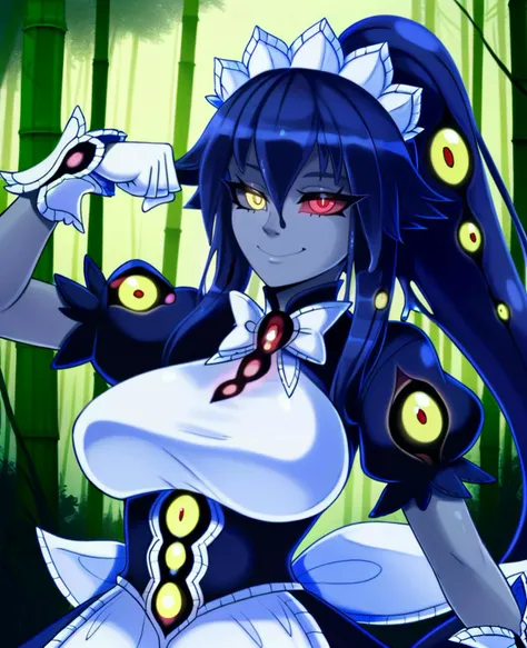 score_9_up, dynamic pose, upper body, 1girl, <lora:MGE_Shoggoth-Pony:.6>, sh0ggoth, shoggoth\(monster girl encyclopedia\), long hair, dark blue hair, ponytail, sidelocks, slime hair, slime \(substance\), yellow eyes, heterochromia, red eyes, colored sclera, glowing eyes, too many eyes, colored skin, dark grey skin, Lovecraftian, (tentacles), large breasts, smiling, maid, maid dress, puffy short sleeves, maid headdress, maid apron, corset, white gloves
, outside, in a bamboo forest, noon, source_anime, anime style
