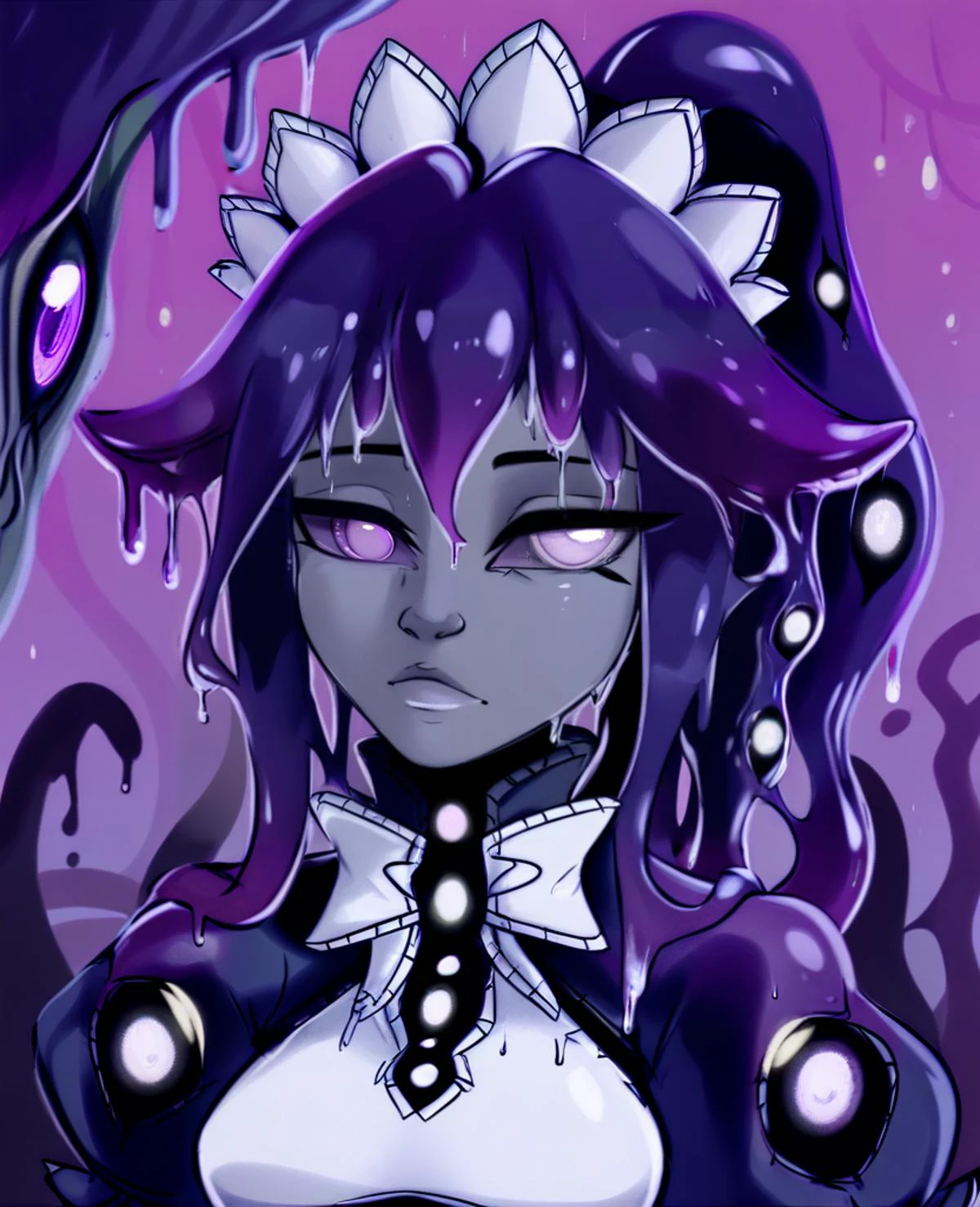 score_9_up, portrait, headshot, 1girl, <lora:MGE_Shoggoth-Pony:1>, sh0ggoth, shoggoth, medium hair, dark purple hair, ponytail, slime hair, slime \(substance\), purple eyes, heterochromia, purple eyes, colored sclera, glowing eyes, extra eyes, too many eyes, colored skin, dark grey skin, (tentacles), medium breasts, maid, maid dress, puffy short sleeves, maid headdress, maid apron, corset, white gloves
, outside, at the ocean, (multiple girls), (3girls), sunset, sunny, source_anime, anime style