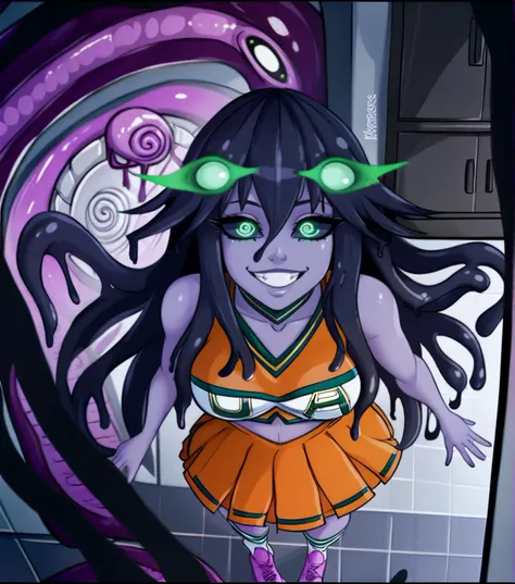 score_9_up, score_7_up, upper body, from above, bird's-eye view, 1girl, <lora:MGE_Shoggoth-Pony:.9>, sh0ggoth, shoggoth\(monster girl encyclopedia\), long hair, black hair, sidelocks, slime hair, green eyes, black sclera, spiral eyes, glowing eyes, too many eyes, colored skin, dark purple skin, (tentacles), medium breasts, smiling, teeth, glowing portal, <lora:u.a._cheerleader:1> uacheerlead, cheerleader, choker, orange crop top, midriff, orange skirt, pleated skirt, white socks, pink sneakers
, inside, in a kitchen, apron, source_anime