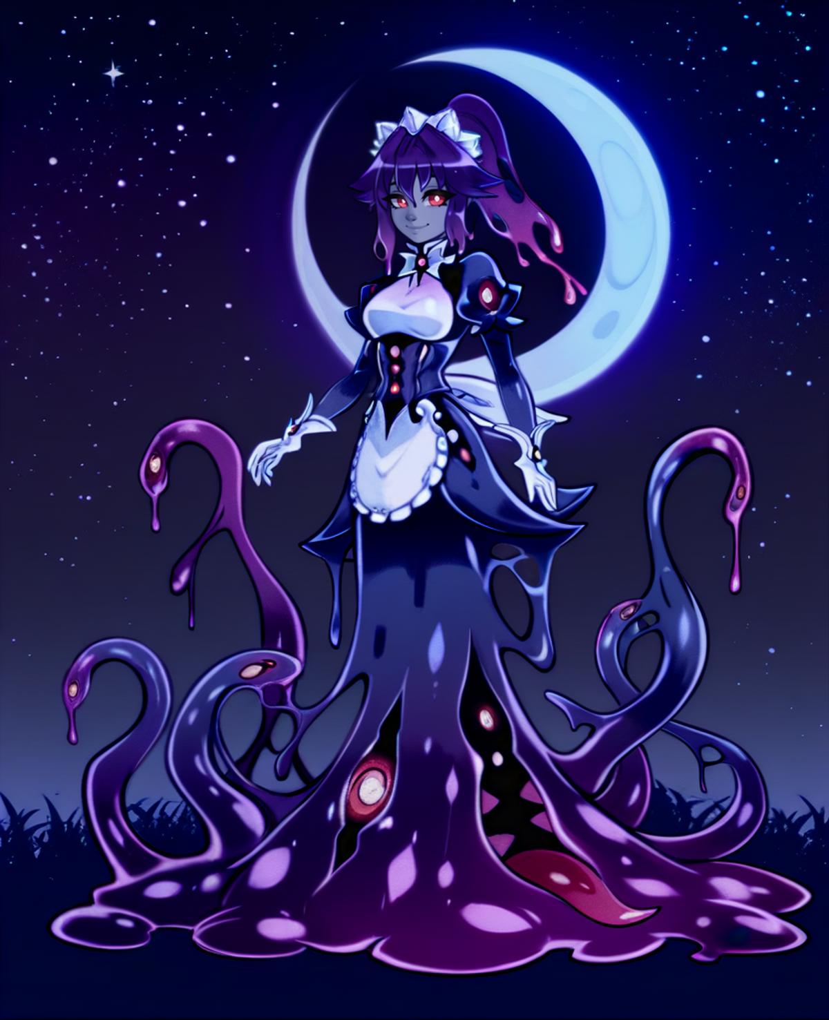 A cartoon image of a woman in a dress standing in front of a moon - SeaArt  AI