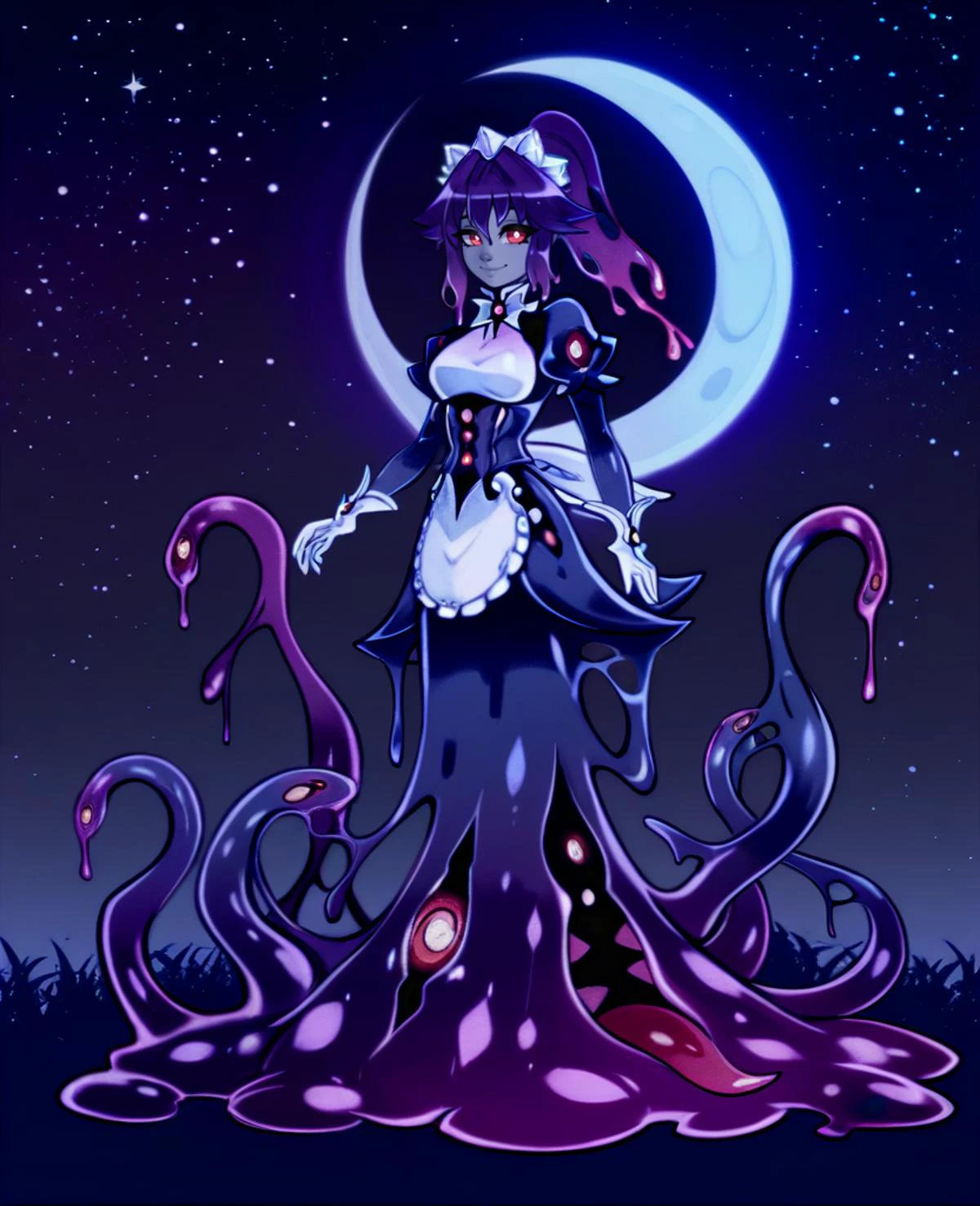 score_9_up, score_7_up, full body, wide shot, from side, 1girl, <lora:MGE_Shoggoth-Pony:.7>, sh0ggoth, shoggoth\(monster girl encyclopedia\), medium hair, dark purple hair, ponytail, sidelocks, slime hair, slime \(substance\), red eyes, extra eyes, glowing eyes, too many eyes, colored skin, grey skin, (tentacles), medium breasts, smiling, maid, maid dress, maid headdress, maid apron, corset, white gloves|},
, outdoors, at an active volcano, midnight, night sky, stars, blue moon, source_anime, anime style