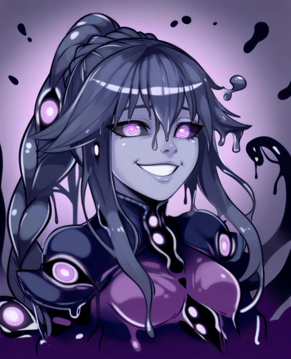 score_9_up, score_7_up, dynamic pose, portrait, headshot, dynamic angle, 1girl, <lora:MGE_Shoggoth-Pony:.8>, sh0ggoth, shoggoth, long hair, dark grey hair, braid, ponytail, slime hair, purple eyes, black sclera, spiral eyes, glowing eyes, extra eyes, too many eyes, colored skin, dark grey skin, body horror, eldritch, (tentacles), small breasts, yandere, smiling
, source_anime, anime style