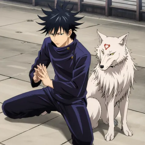 masterpiece,high quality,outdoors,
<lora:MegumiFushiguro001:0.7>,
MegumiFushiguro,1boy,
gakuran,
pants,open legs,
own hands together,
BREAK
gyokuken 1wolf,