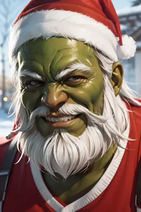 maestrohulk2023, illustration, 1man, green skin, 8k, uhd, best best quality, masterpiece, trending on arstation, white beard, closeup, focus on face, smile, daytime, santa hat, festive, snow, raw image, photorealistic, intricate art, happy,<lora:GoodHands-beta2:1> <lora:maestrohulk2023:0.6>