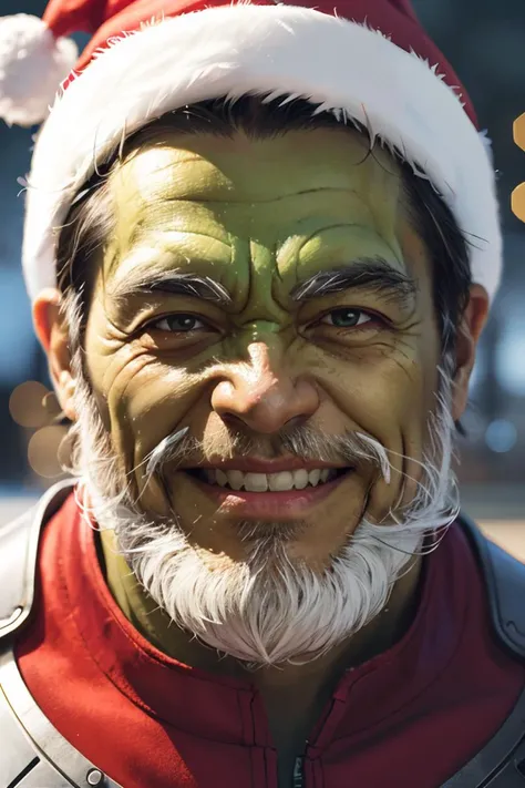 maestrohulk2023, illustration, 1man, green skin, 8k, uhd, best best quality, masterpiece, trending on arstation, white beard, closeup, focus on face, smile, daytime, santa hat, festive, snow, raw image, photorealistic, intricate art, happy,<lora:GoodHands-beta2:1> <lora:maestrohulk2023:0.6>, <lora:Crazy_ExpressionsV2:0.5>An exaggerated expression