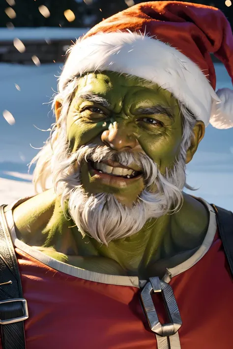 maestrohulk2023, illustration, 1man, green skin, 8k, uhd, best best quality, masterpiece, trending on arstation, white beard, closeup, focus on face, smile, daytime, santa hat, festive, snow, raw image, photorealistic, intricate art, happy,<lora:GoodHands-beta2:1> <lora:maestrohulk2023:0.6>, <lora:Crazy_ExpressionsV2:0.5>An exaggerated expression