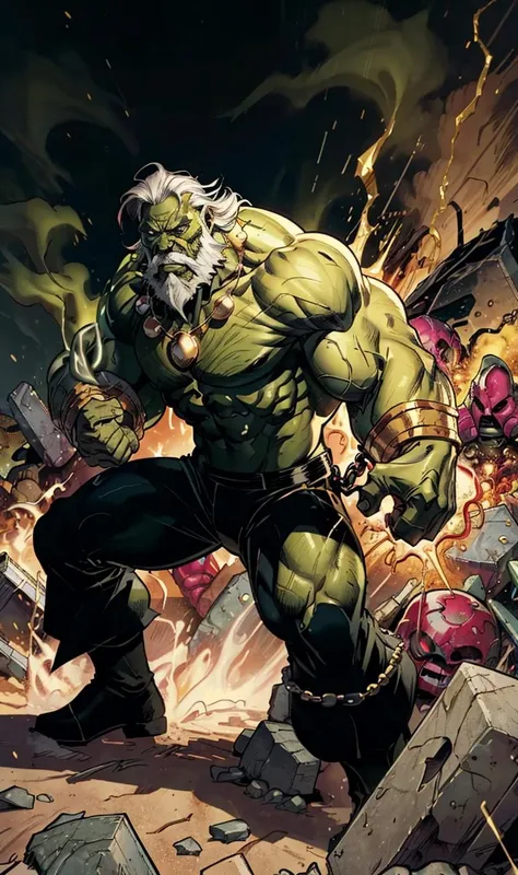 maestrohulk2023, 1man, green skin, 8k, uhd, best best quality, masterpiece, trending on arstation, white beard, giant, prayer bead necklace, black pants, roid rage, destruction, action, fighting stance, flat colors, gold necklace,