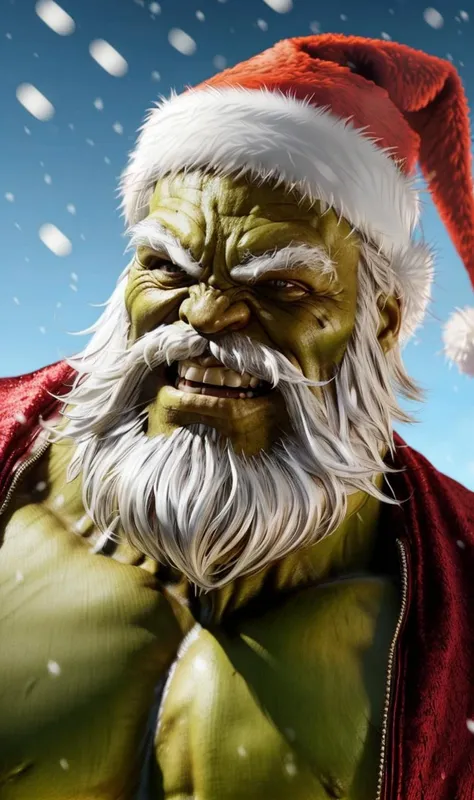 maestrohulk2023, illustration, 1man, green skin, 8k, uhd, best best quality, masterpiece, trending on arstation, white beard, closeup, focus on face, smile, daytime, santa hat, festive, snow, raw image, photorealistic, intricate art, happy,