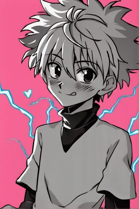 killua_zoldyck, 1boy, solo, looking at viewer, blush, smile, short hair, simple background, shirt, long sleeves, hair between eyes, monochrome, upper body, short sleeves, male focus, heart, tongue, tongue out, turtleneck, pink background, spiked hair, :p, electricity, score_7_up, rating_safe <lora:xl_char_killua_zoldyck:1.0>