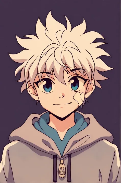 killua_zoldyck, 1boy, solo, looking at viewer, smile, blue eyes, simple background, white background, closed mouth, white hair, male focus, hood, hoodie, bandages, hood down, spiked hair, portrait, bandaid, bandaid on face, bandaid on cheek, score_9, rating_safe <lora:xl_char_killua_zoldyck:1.0>