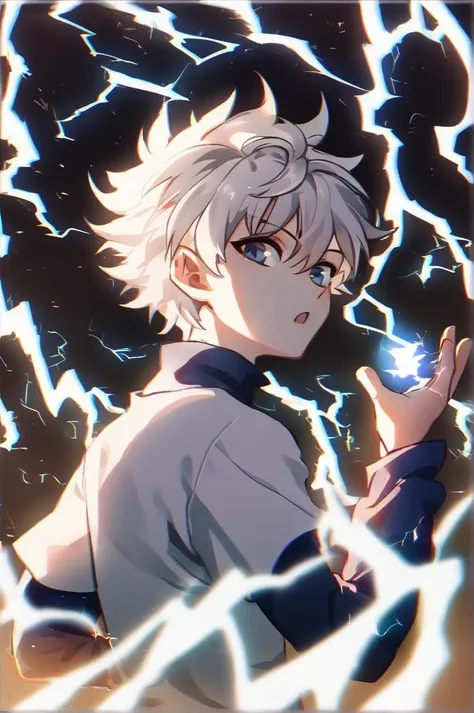 killua_zoldyck, 1boy, solo, looking at viewer, short hair, open mouth, bangs, blue eyes, shirt, long sleeves, white background, hair between eyes, upper body, white hair, male focus, looking back, electricity, magic, male child, score_8_up, rating_safe <lora:xl_char_killua_zoldyck:1.0>
