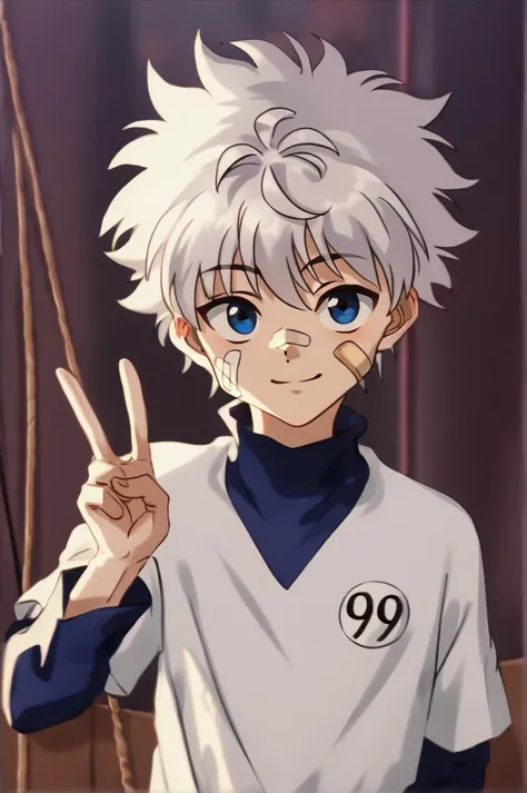killua_zoldyck, 1boy, solo, looking at viewer, smile, short hair, blue eyes, shirt, long sleeves, holding, closed mouth, white shirt, upper body, white hair, short sleeves, male focus, v, bandaid, bandaid on face, layered sleeves, short over long sleeves, bandaid on nose, bandaid on cheek, score_7_up, rating_safe <lora:xl_char_killua_zoldyck:1.0>