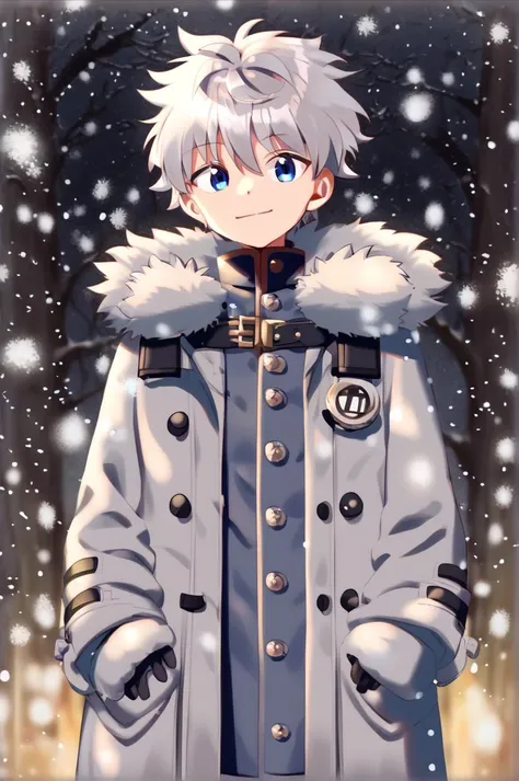 killua_zoldyck, 1boy, solo, looking at viewer, smile, short hair, blue eyes, gloves, hair between eyes, closed mouth, white hair, male focus, black gloves, coat, fur trim, snow, snowing, winter clothes, male child, rating_safe, score_7_up <lora:xl_char_killua_zoldyck:1.0>